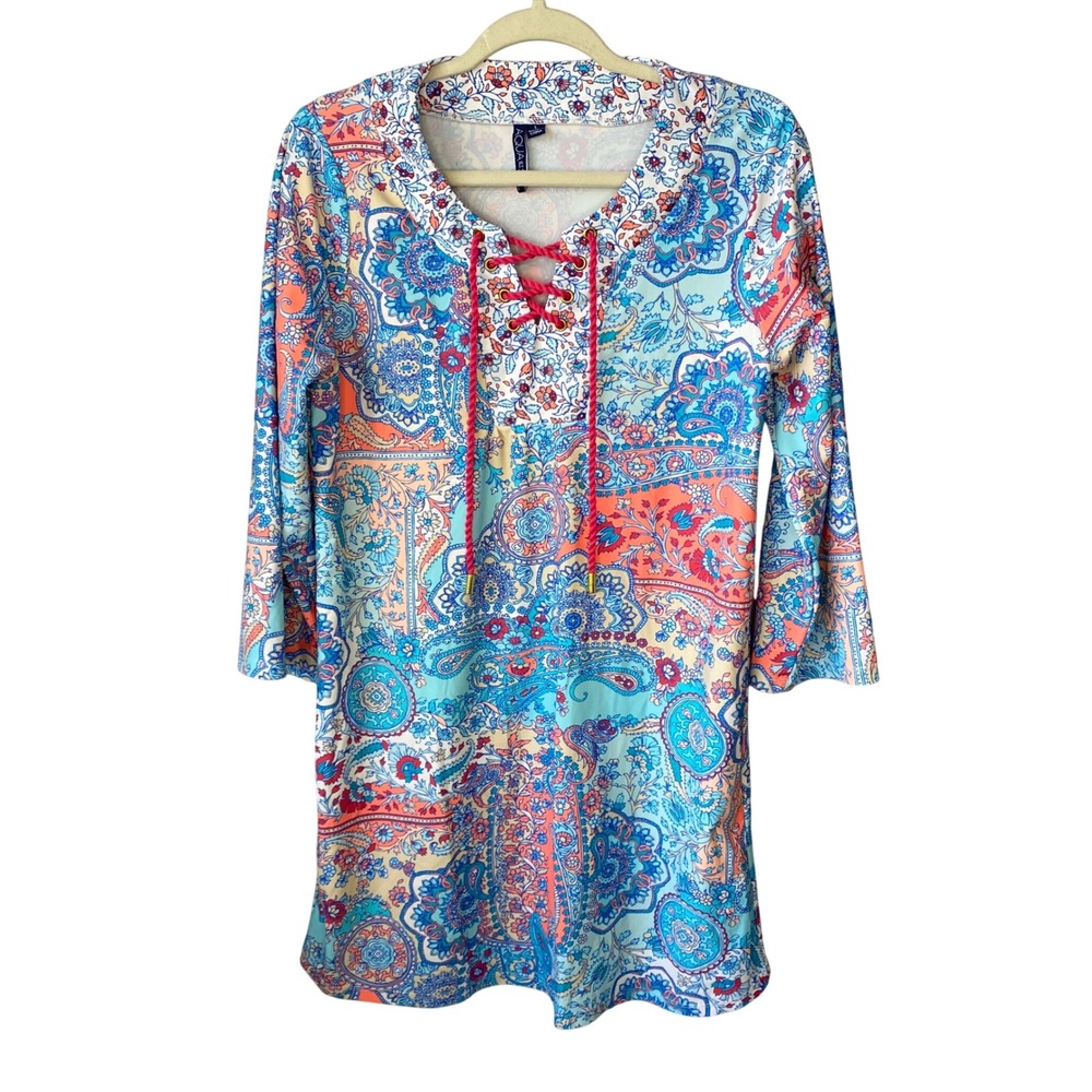 Aqua et Sol Womens Paisley Lace Up V-Neck 3/4 Sleeve Tunic Dress Blue Coral L
